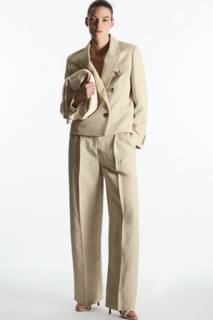 Beige COS Wide-Leg Pleated Linen-Blend Pants Pants | RY13-S0EK