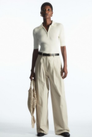 Beige COS Wide-Leg Tailored Trousers Pants | QN04-V8HP