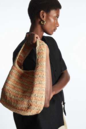 Beige / Orange / Striped COS Mini Raffia Shoulder Bag Bags | HI54-H0VS