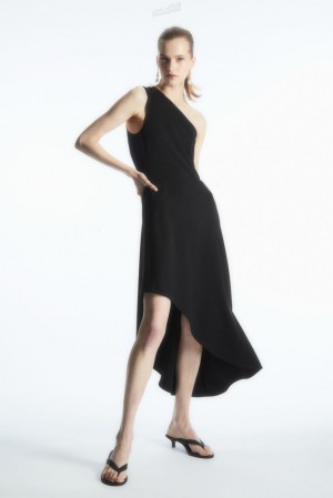 Black COS Asymmetric One-Shoulder Midi Dress Dresses | PK11-V4GG