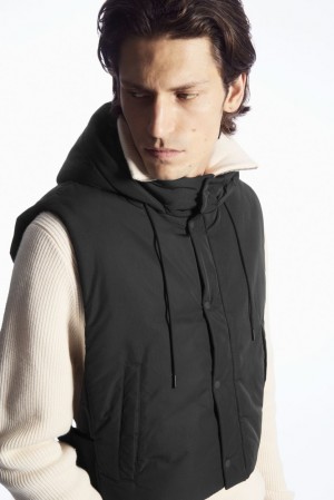 Black COS Buckled-Side Padded Hooded Vest Coats & Jackets | VV03-E8MS