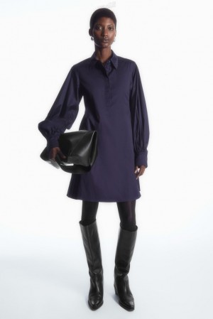 Black COS Gathered-Sleeve Mini Shirt Dress Dresses | QP37-Q8BS