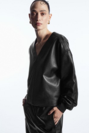 Black COS Oversized V-Neck Leather Top Tops | DI17-W3TI