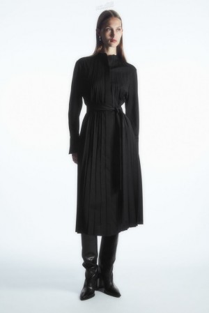 Black COS Pleated Wool-Blend Shirt Dress Dresses | NJ57-W5BS