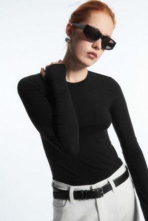 Black COS Slim-Fit Long-Sleeve Top Tops | QU53-B9ML