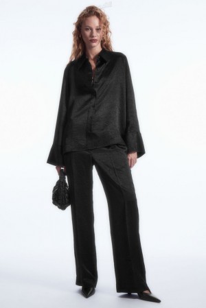 Black COS Straight-Leg Crinkled-Satin Pants Pants | FH35-K3CT