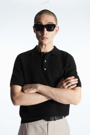 Black COS Textured Knitted Polo Shirt Sweaters & Cardigans | IF56-Q5EK