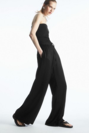 Black COS Textured Wide-Leg Drawstring Trousers Pants | KT91-P2IB