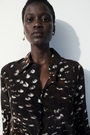 Black / Feather Print COS The Feather-Print Silk Shirt Shirts & Blouses | AK67-K5HT