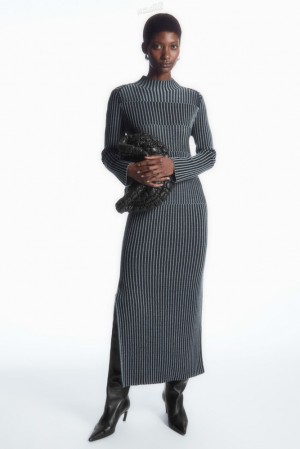 Blue COS Striped Ribbed-Knit Midi Dress Dresses | LU08-Z0IZ