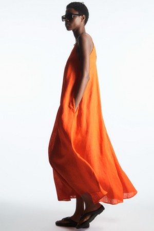 Bright Orange COS Pleated V-Neck Linen Midi Dress Dresses | YR32-W5ZH