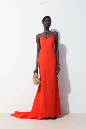 Bright Orange COS The V-Neck Linen Maxi Dress Dresses | NR83-U0JU