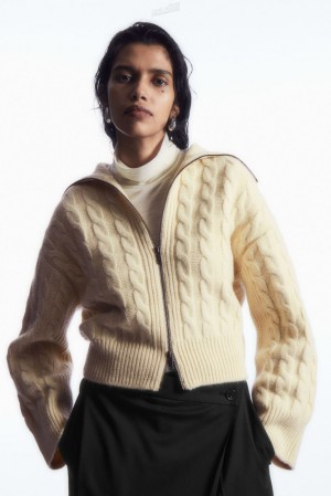 Cream COS Cable-Knit Wool Zip-Up Jacket Sweaters & Cardigans | TR93-X7AF