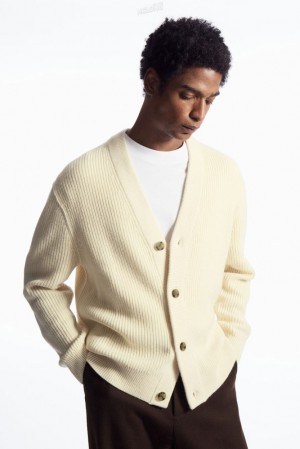 Cream COS Ribbed Wool And Cashmere Cardigan Knitwear | DE65-O8JW