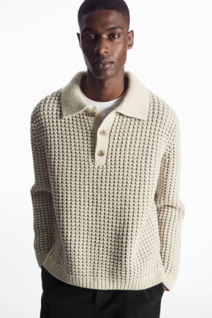 Cream COS Two-Tone Waffle-Knit Polo Shirt Sweaters & Cardigans | TL17-S2IY