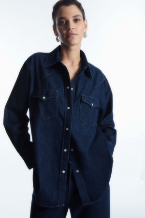 Dark Blue COS Oversized Denim Western Shirt Shirts & Blouses | TQ64-Q3KF