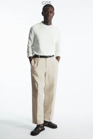 Light Beige COS Pleated Straight-Leg Linen-Blend Trousers Pants | ES44-W3EZ