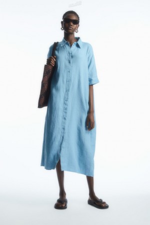 Light Blue COS Belted Linen Shirt Dress Dresses | GC49-G1LC