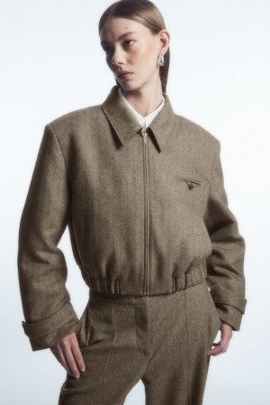 Light Brown COS Power-Shoulder Wool-Herringbone Jacket Coats & Jackets | KW66-X9NY