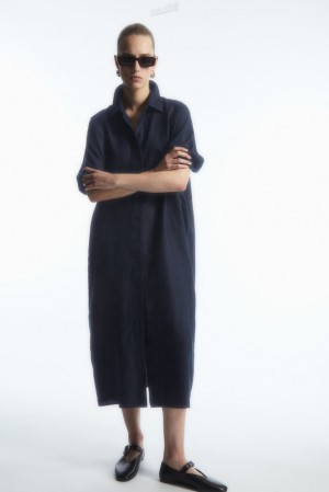 Navy COS Belted Linen Shirt Dress Dresses | UA99-R7WX