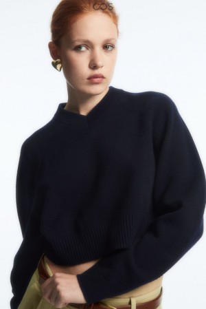 Navy COS Cropped V-Neck Wool Sweater Sweaters & Cardigans | DK83-B0HC