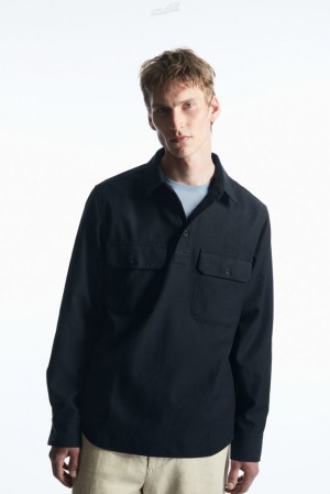 Navy COS Half-Placket Utility Overshirt Shirts | MT08-B7CA