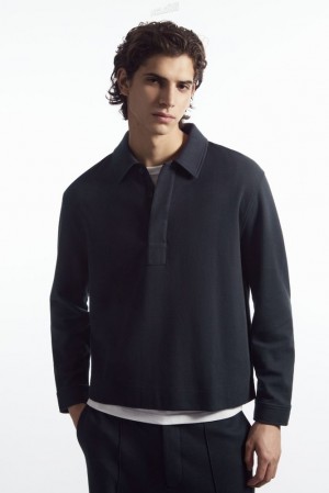 Navy COS Long-Sleeved Jersey Polo Shirt Knitwear | ZN61-S0QK