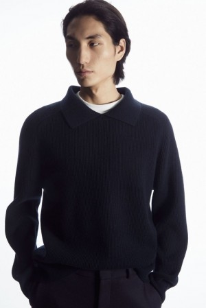 Navy COS Open-Collar Wool And Cashmere Polo Shirt Knitwear | MH12-J0GG