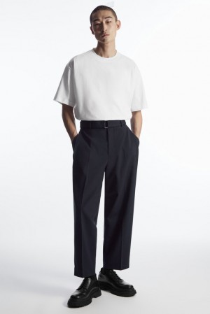 Navy COS Relaxed Belted Wool-Blend Trousers Trousers | OD70-R1JQ