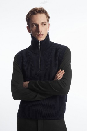 Navy COS Ribbed-Knit Half-Zip Tank Tops | XO02-L0UH