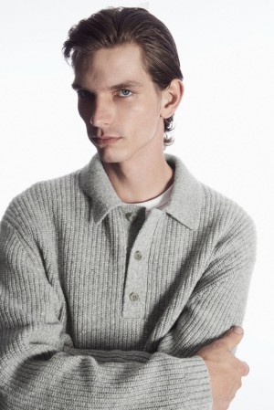 Navy COS Ribbed Wool And Cashmere-Blend Polo Shirt Sweaters & Cardigans | QZ31-N4QG