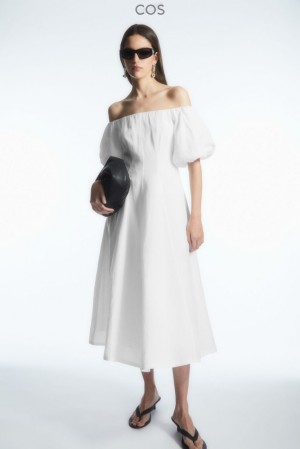 White COS Off-The-Shoulder Puff-Sleeve Midi Dress Dresses | OJ12-B2TS