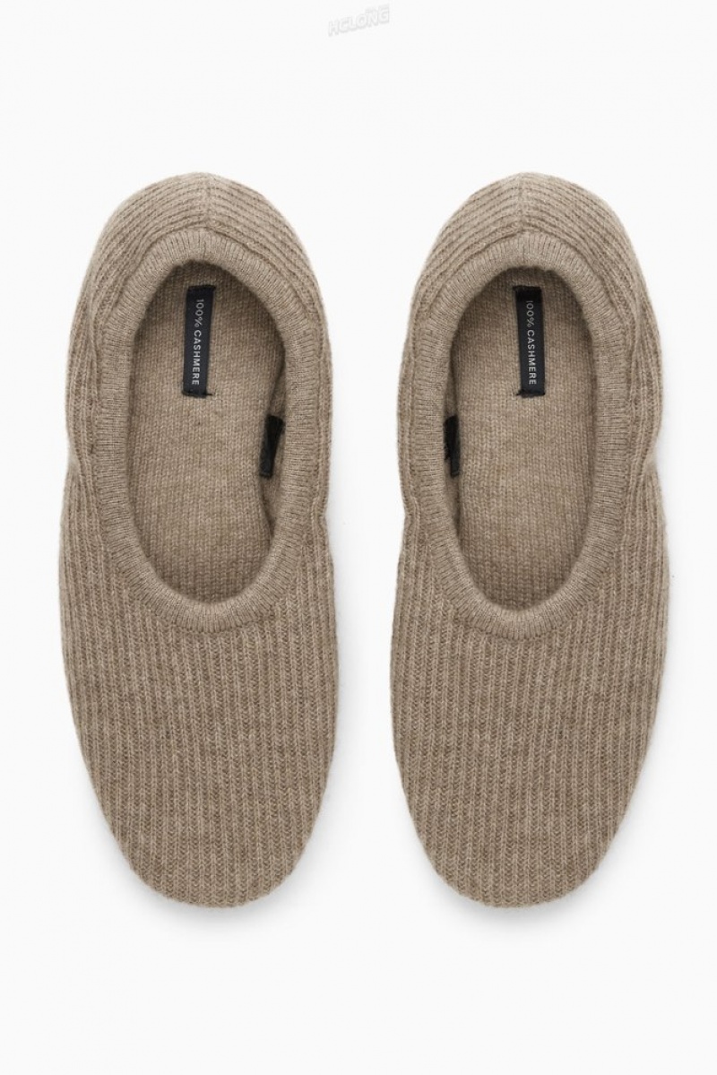 Beige COS Ribbed Cashmere Slippers Slippers | II71-V7MN