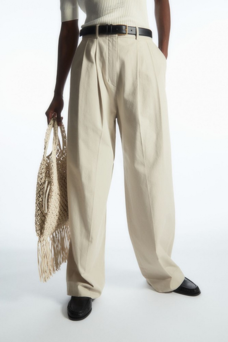 Beige COS Wide-Leg Tailored Trousers Pants | QN04-V8HP