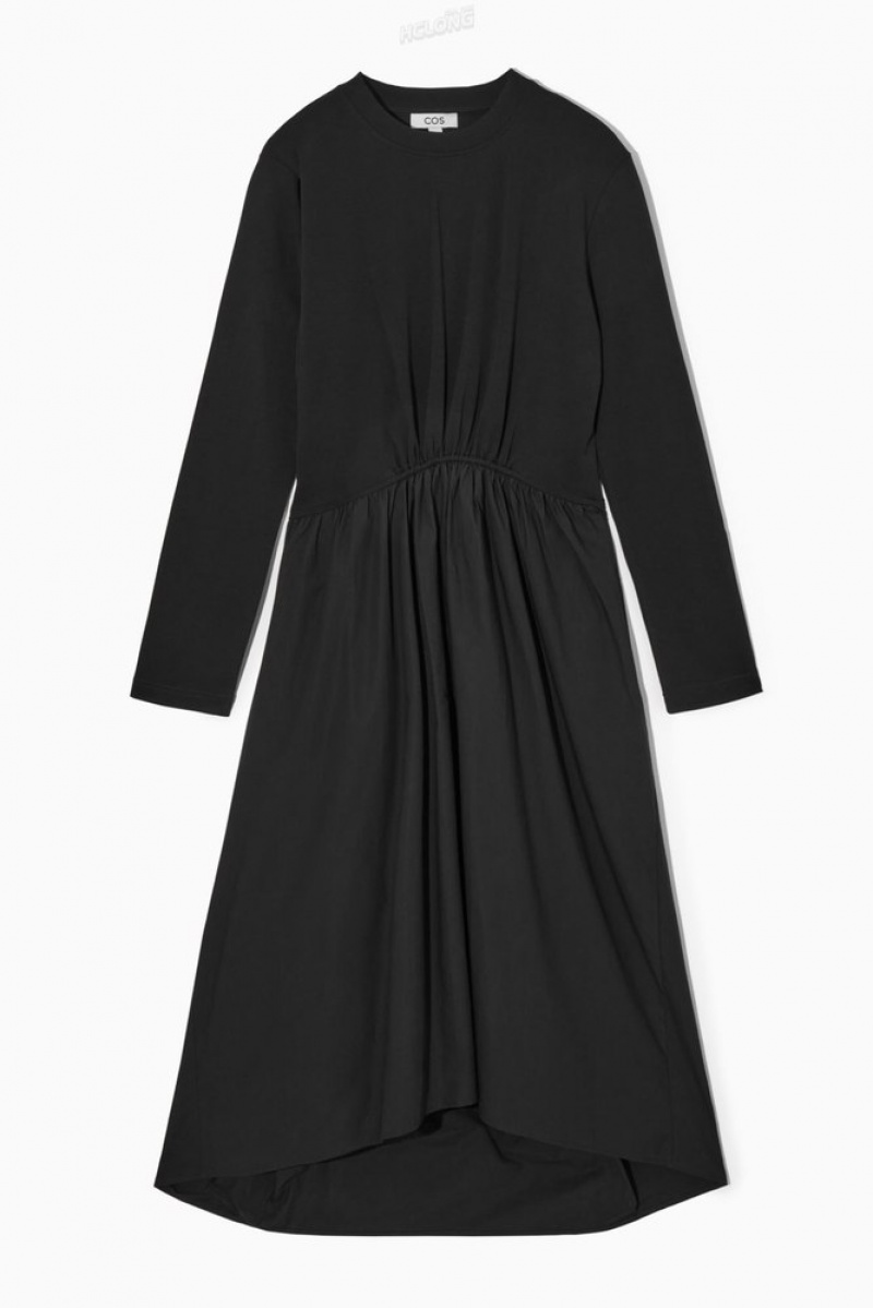 Black COS Asymmetric Gathered-Waist Midi Dress Dresses | JL63-O5MK