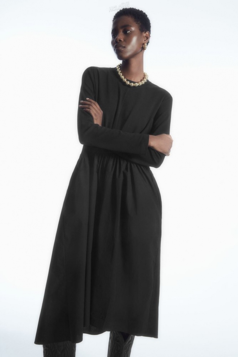 Black COS Asymmetric Gathered-Waist Midi Dress Dresses | JL63-O5MK