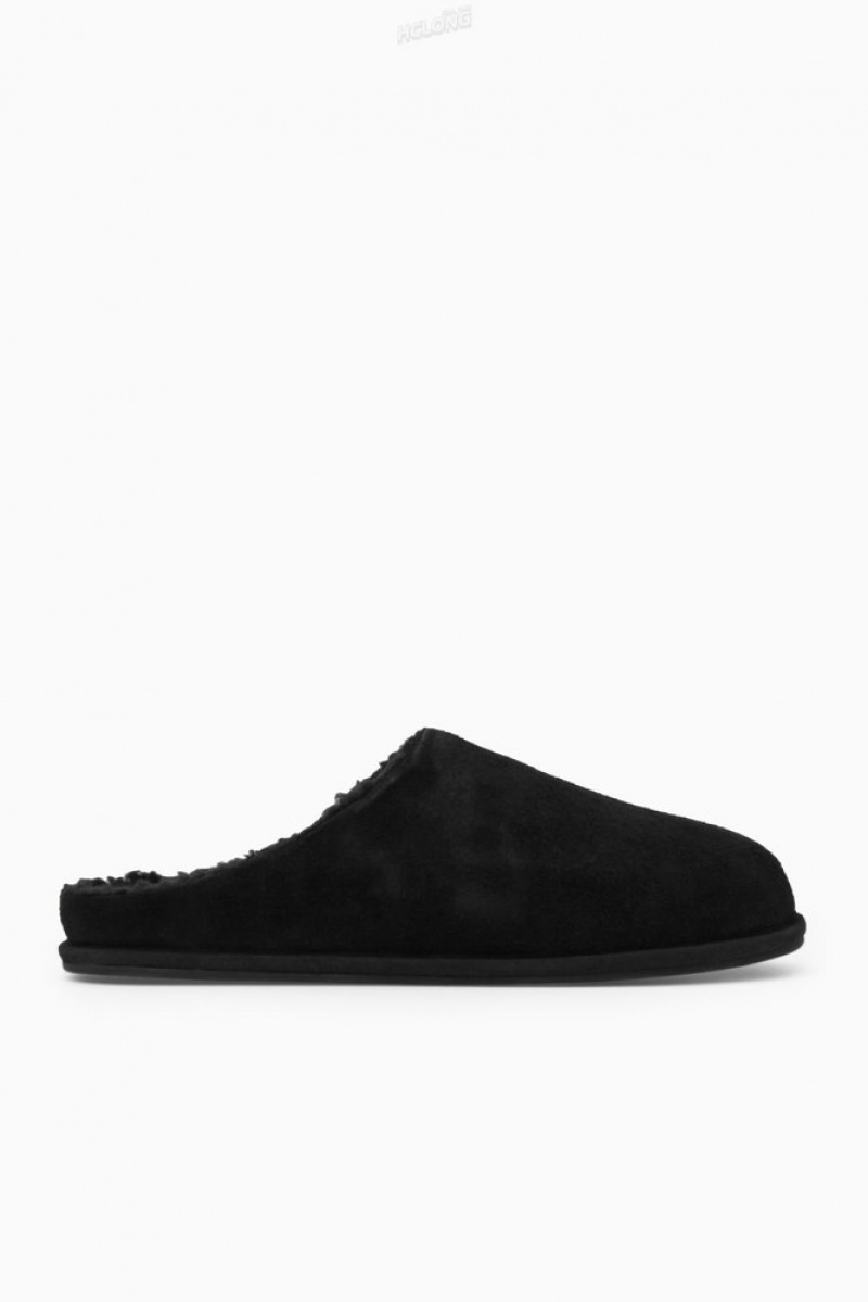 Black COS Fleece-Lined Suede Slippers Slippers | OQ27-B0RK