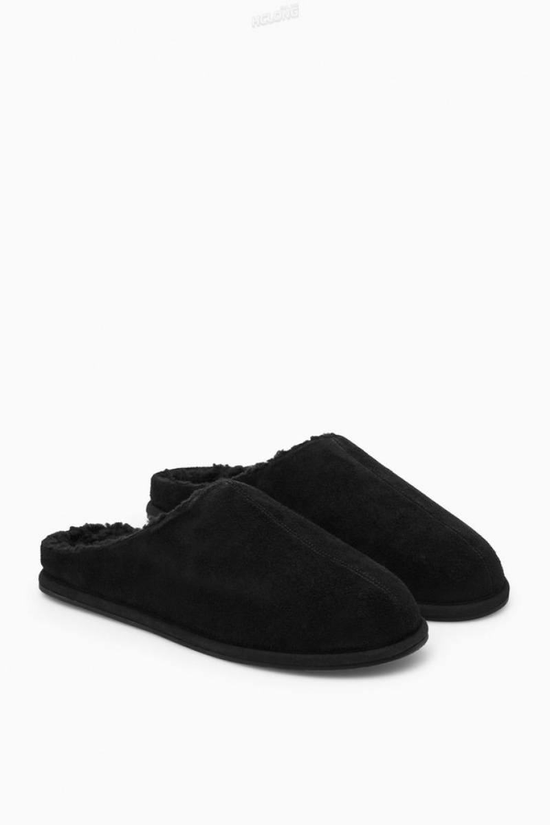 Black COS Fleece-Lined Suede Slippers Slippers | OQ27-B0RK