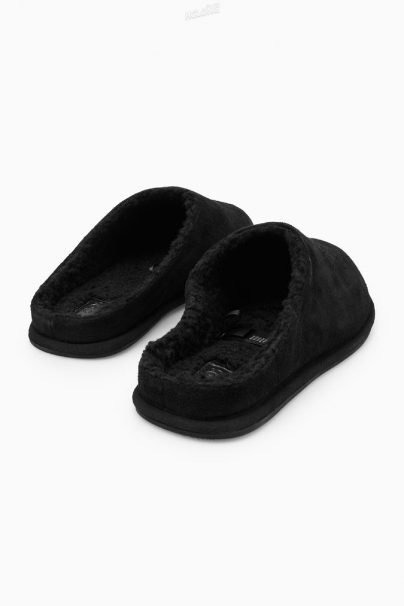 Black COS Fleece-Lined Suede Slippers Slippers | OQ27-B0RK