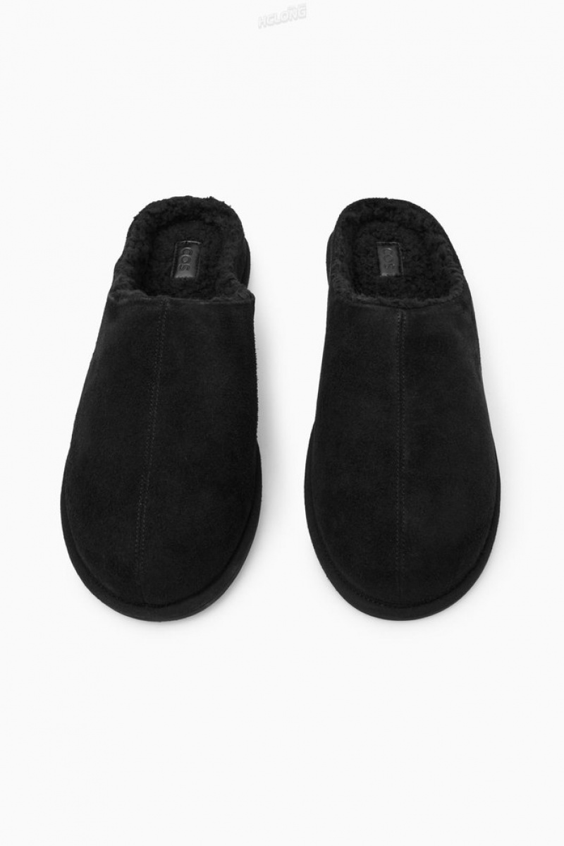 Black COS Fleece-Lined Suede Slippers Slippers | OQ27-B0RK