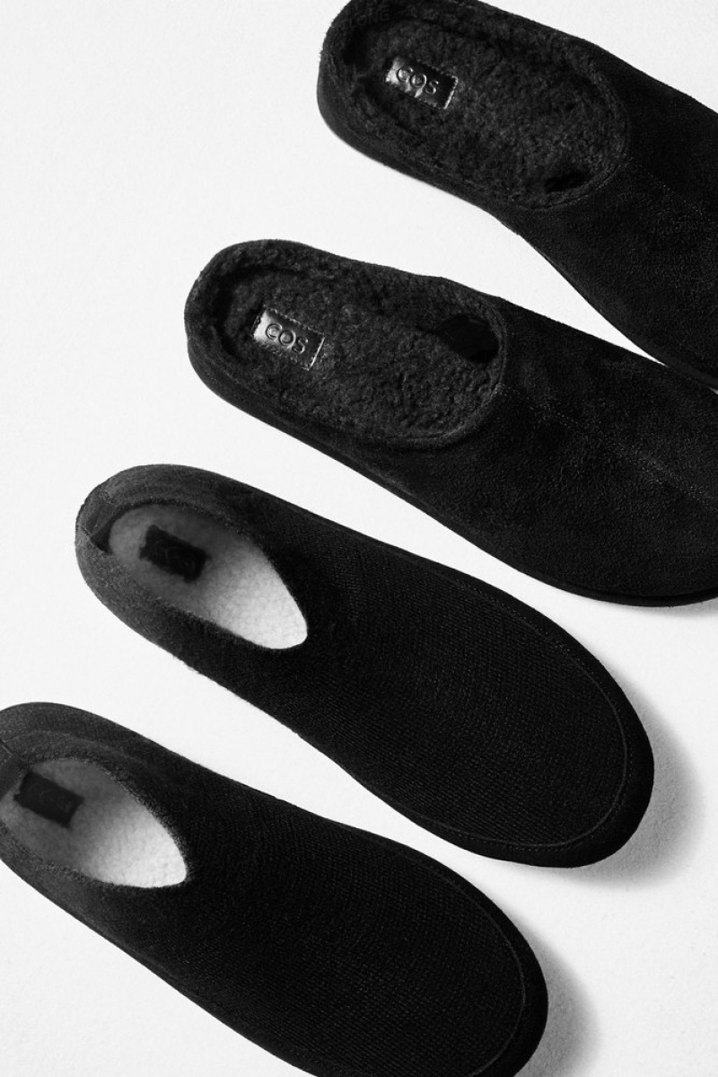 Black COS Fleece-Lined Suede Slippers Slippers | OQ27-B0RK