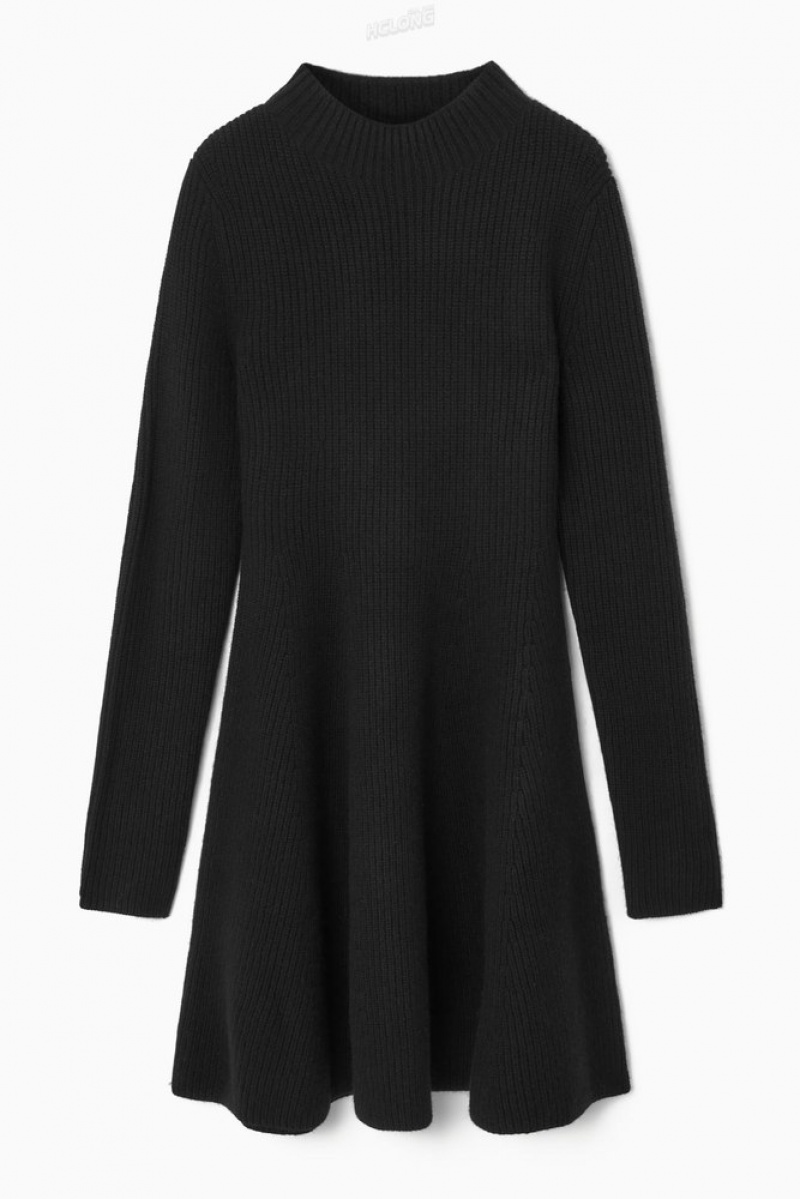 Black COS Knitted Wool Flared Mini Dress Dresses | OU67-R6OE