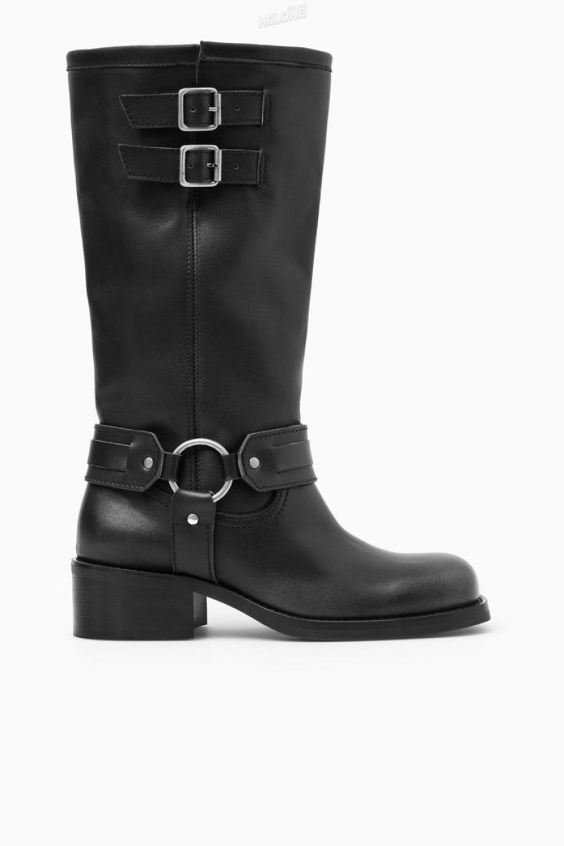 Black COS Leather Biker Boots Boots | NU07-A4MB