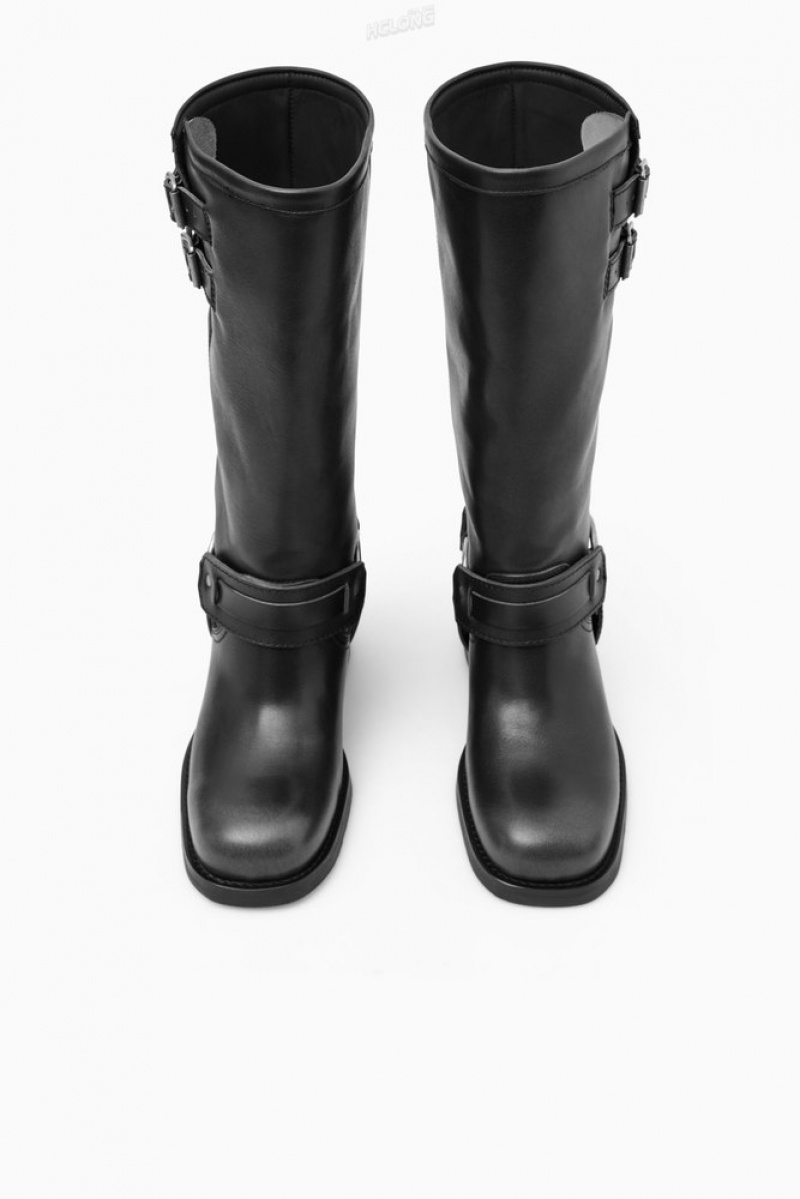 Black COS Leather Biker Boots Boots | NU07-A4MB