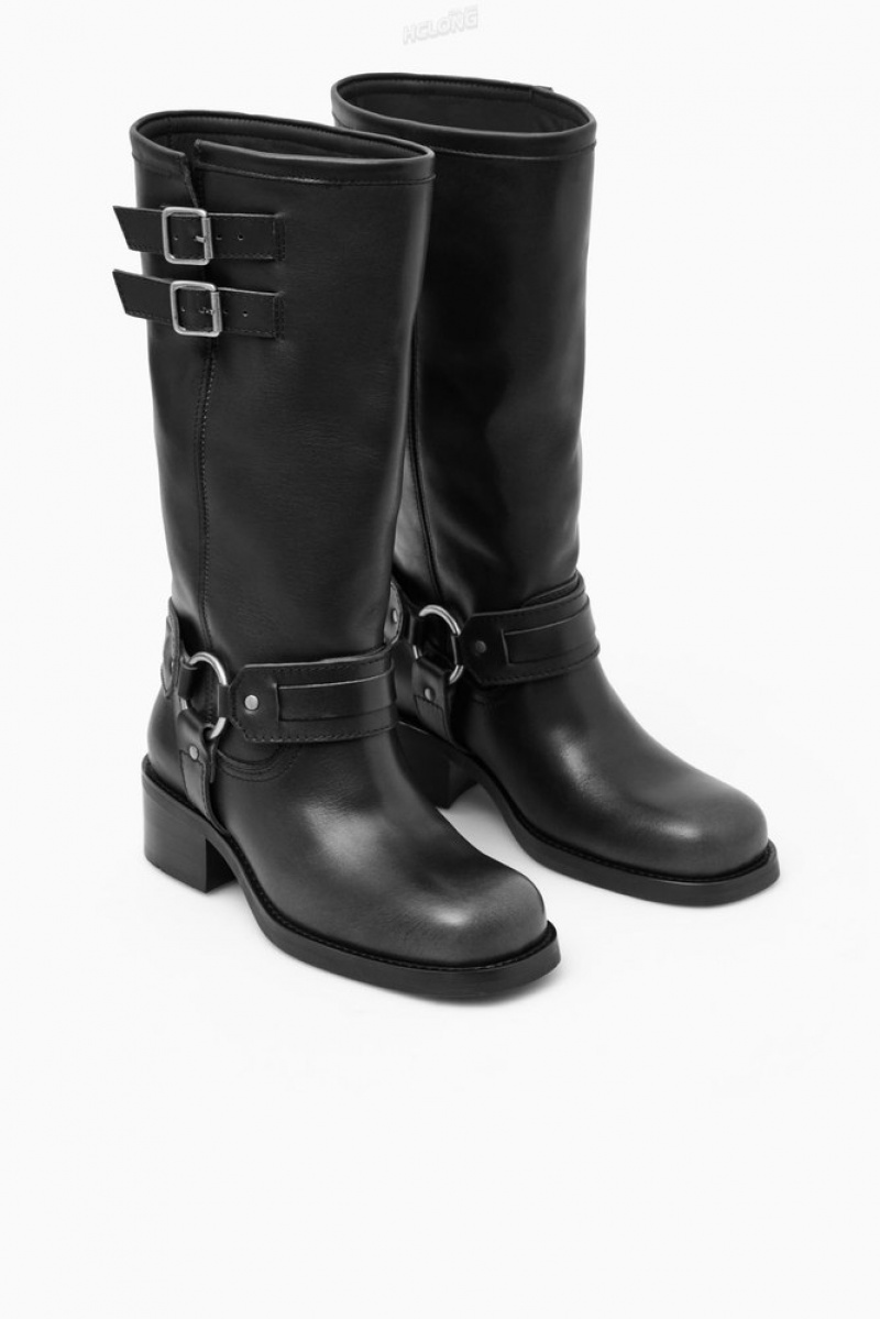 Black COS Leather Biker Boots Boots | NU07-A4MB