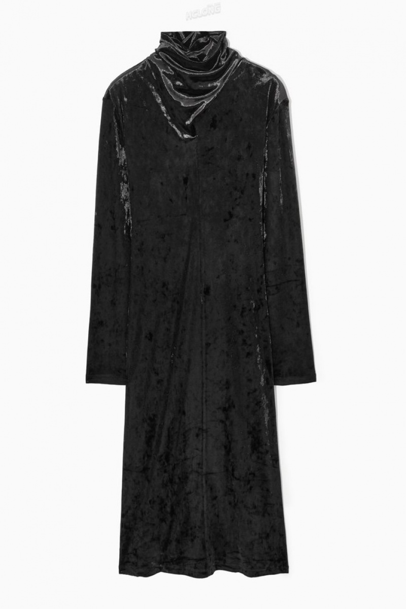 Black COS Open-Back Velvet Midi Dress Dresses | WM49-I7JL