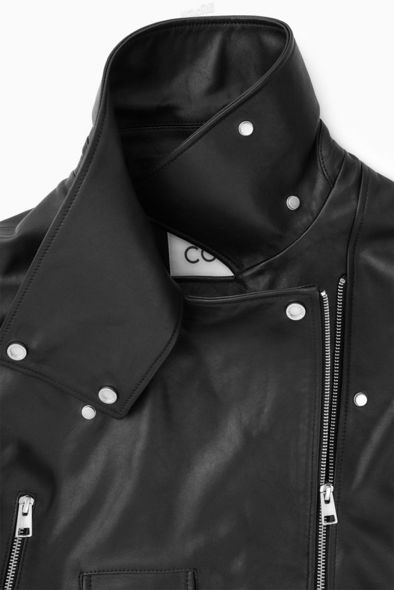 Black COS Oversized Cropped Leather Biker Jacket Coats & Jackets | ZD67-A4AE