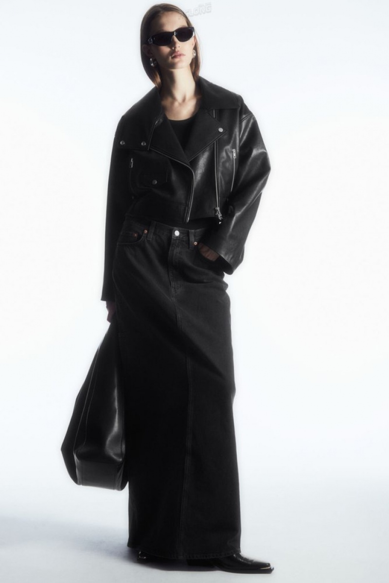 Black COS Oversized Cropped Leather Biker Jacket Coats & Jackets | ZD67-A4AE