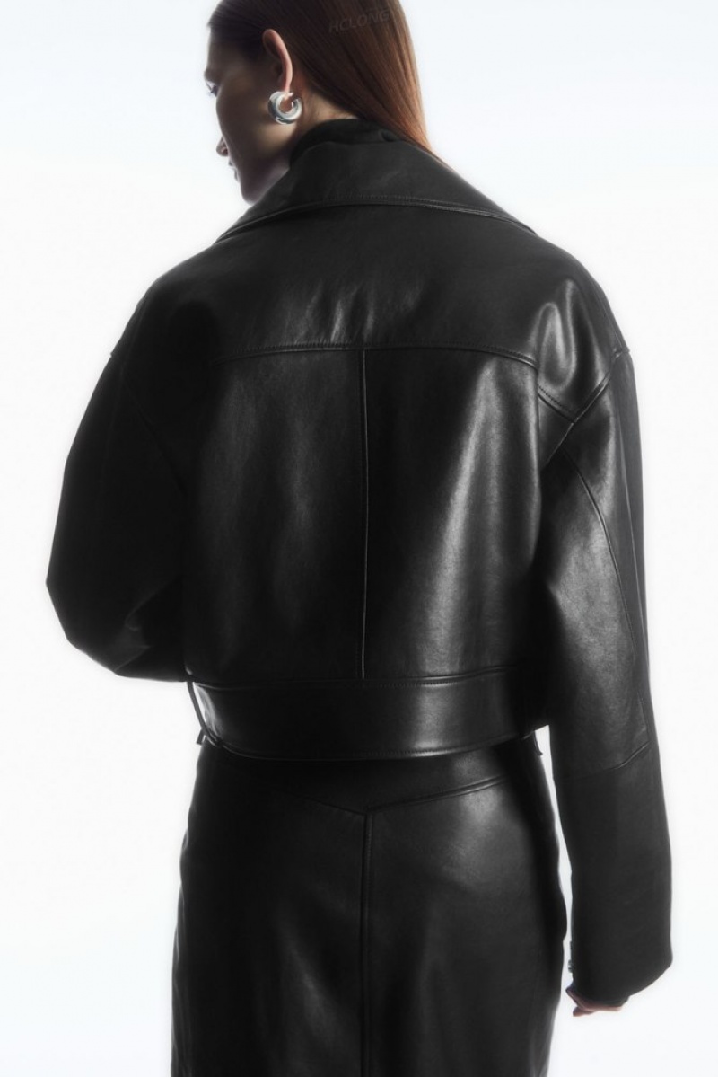 Black COS Oversized Cropped Leather Biker Jacket Coats & Jackets | ZD67-A4AE