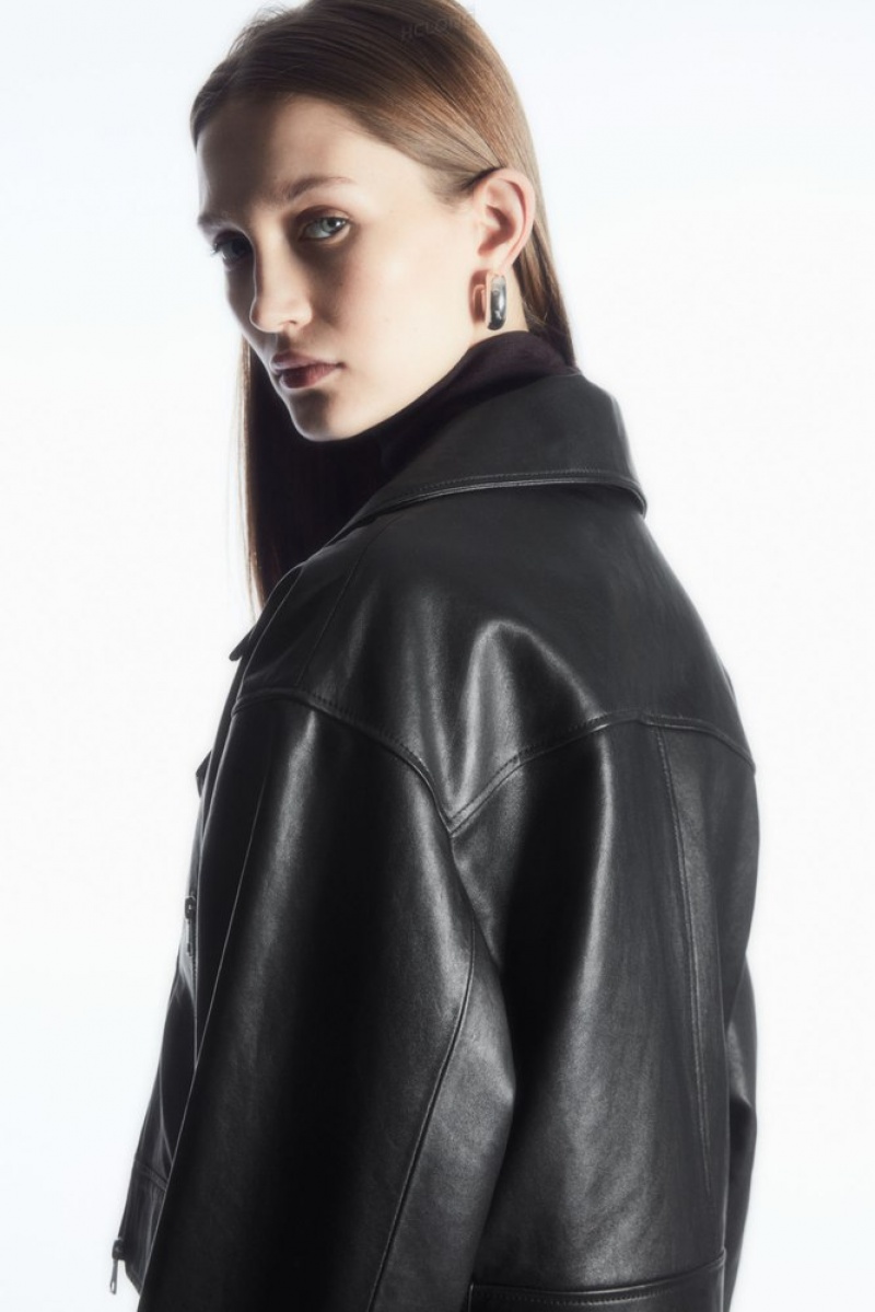 Black COS Oversized Cropped Leather Biker Jacket Coats & Jackets | ZD67-A4AE